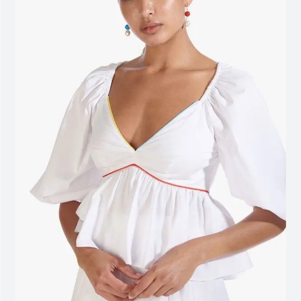 STAUD Dani Puff Sleeve Top Size 8 Crisp White Cotton Poplin Coastal Chic NEW!!